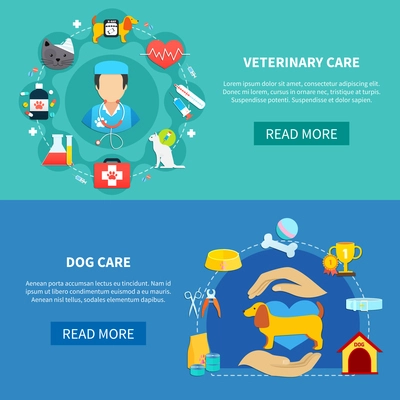 Veterinary care and accessories for pet dog horizontal banners flat isolated vector illustration