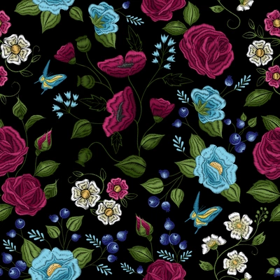 Traditional floral folk style embroidery seamless pattern design in purple green white blue on black background vector illustration