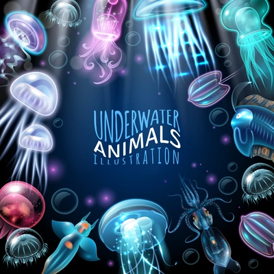 Light and bright underwater animals frame background squid jellyfish and other inhabitants vector illustration