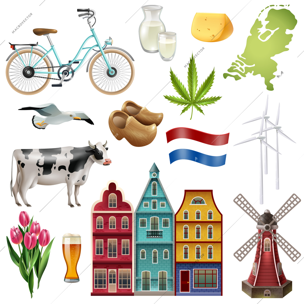 Holland netherlands travel icon set with most beautiful and popular attractions of the country vector illustration