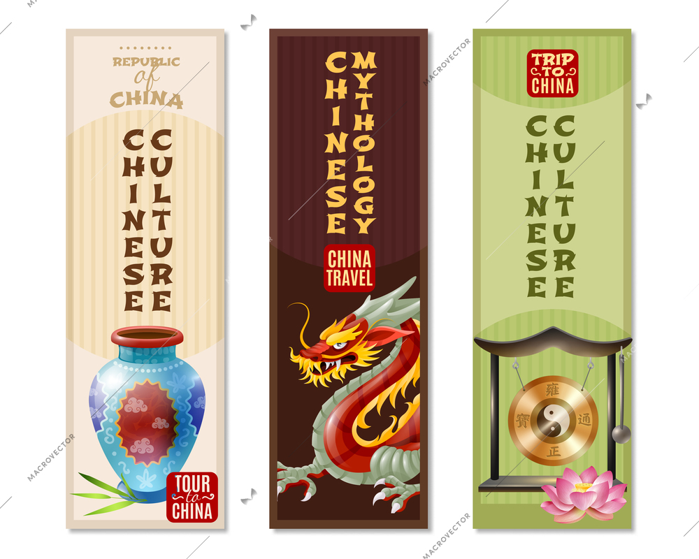 Three china travel vertical banner set with Chinese culture and mythology headlines vector illustration