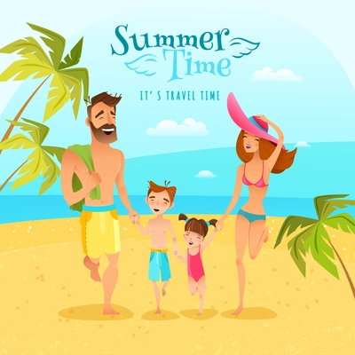 Happy family with two children spending summer season at seaside cartoon vector illustration