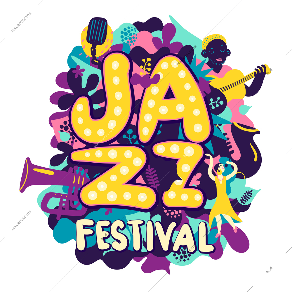 Colorful jazz festival composition with musicians and musical instruments on white background flat vector illustration