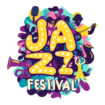 Colorful jazz festival composition with musicians and musical instruments on white background flat vector illustration