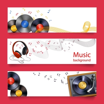 Vinyl records headphones and player horizontal banners vector illustration