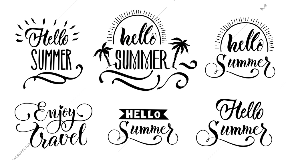 Summer lettering set of isolated monochrome emblems with ornate text hand drawn style sunbeams and palms vector illustration