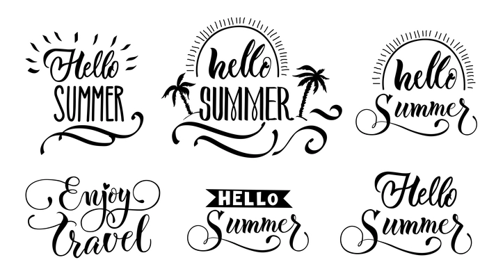 Summer lettering set of isolated monochrome emblems with ornate text hand drawn style sunbeams and palms vector illustration