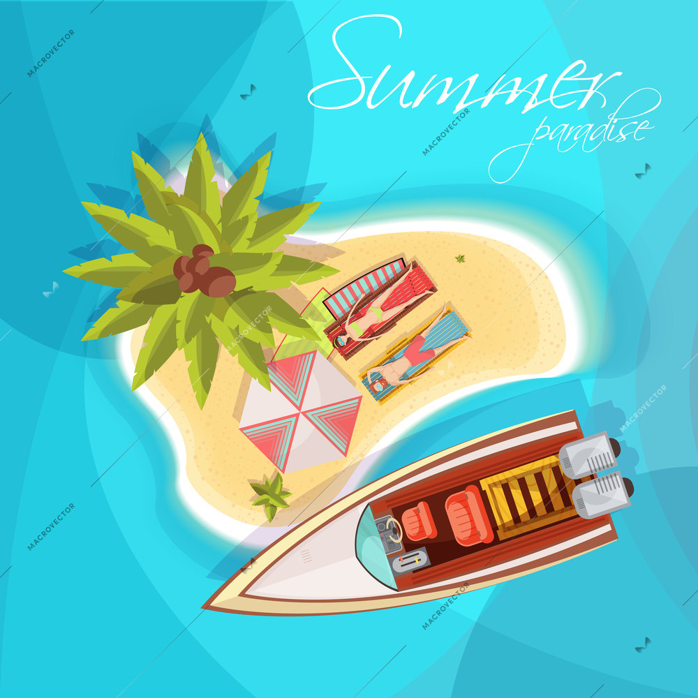 Sunbathers on island composition top view with motorboat umbrella palm tree on blue sea background vector illustration