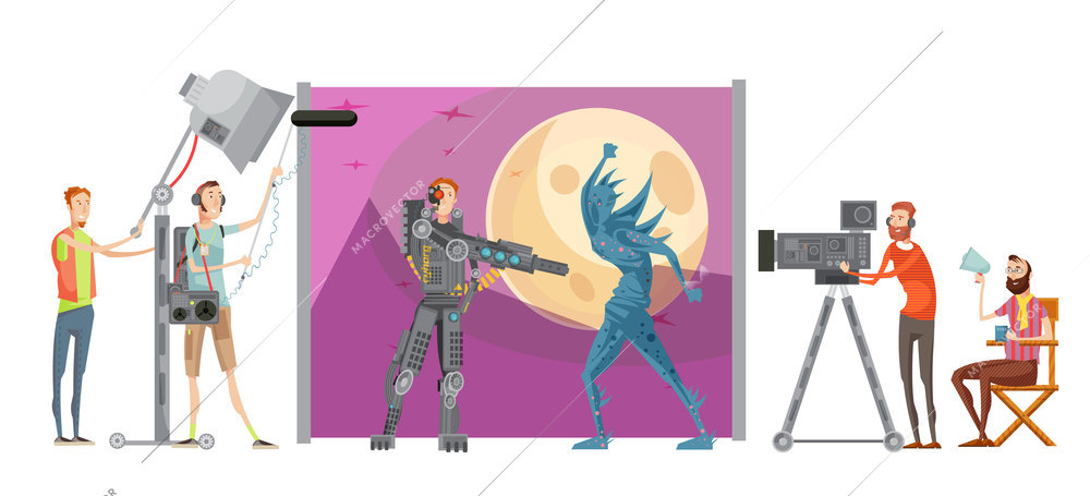 Making movie composition with actors in costumes on outer space background director with technical staff vector illustration