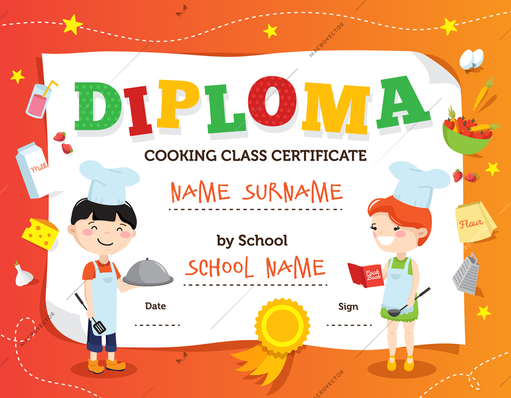 Little chef diploma design with cartoon teenager cook characters flat decorations and fields for personal data vector illustration