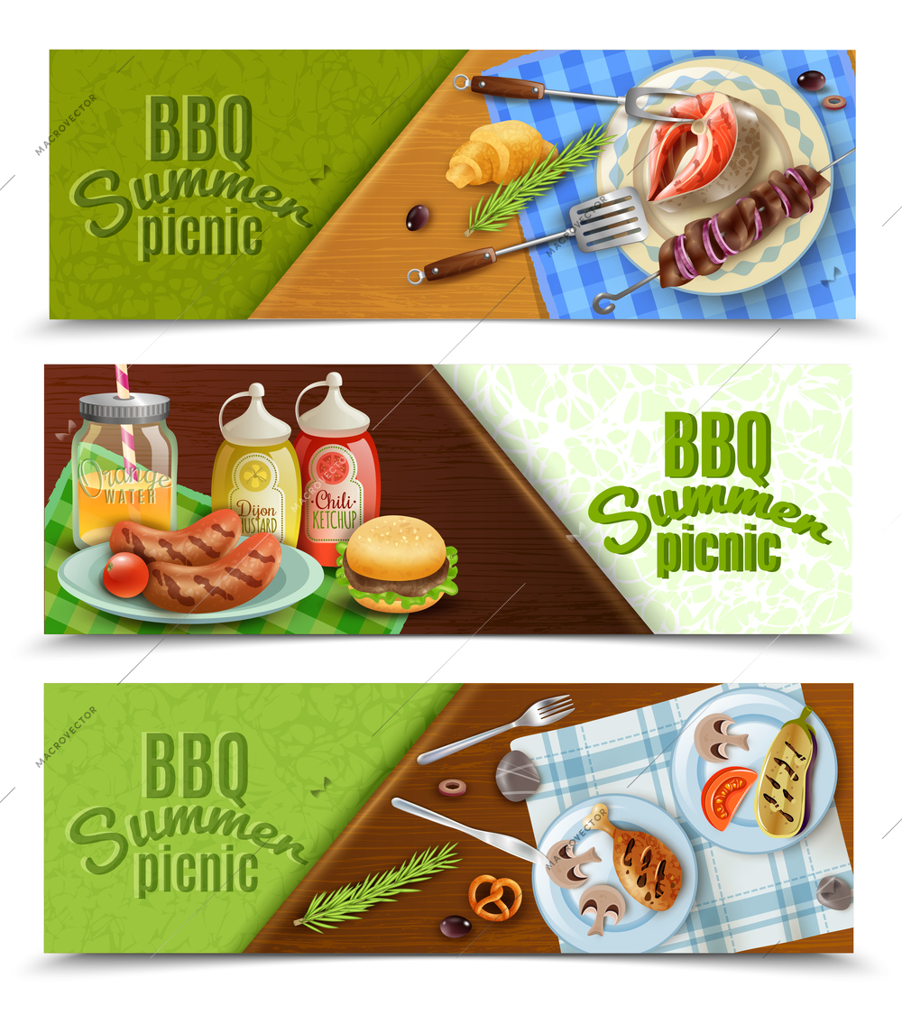 Bbq summer picnic horizontal banners set with grilled meat and fish, sauces, tableware, napkin, isolated vector illustration