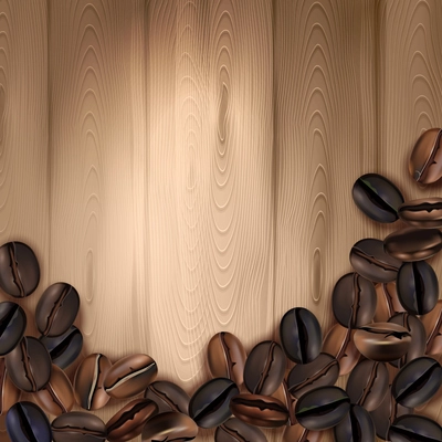 Realistic background with roasted coffee beans on wooden surface vector illustration