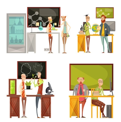 Retro compositions with talking teachers of chemistry, biology, geography near desk and blackboard isolated vector illustration