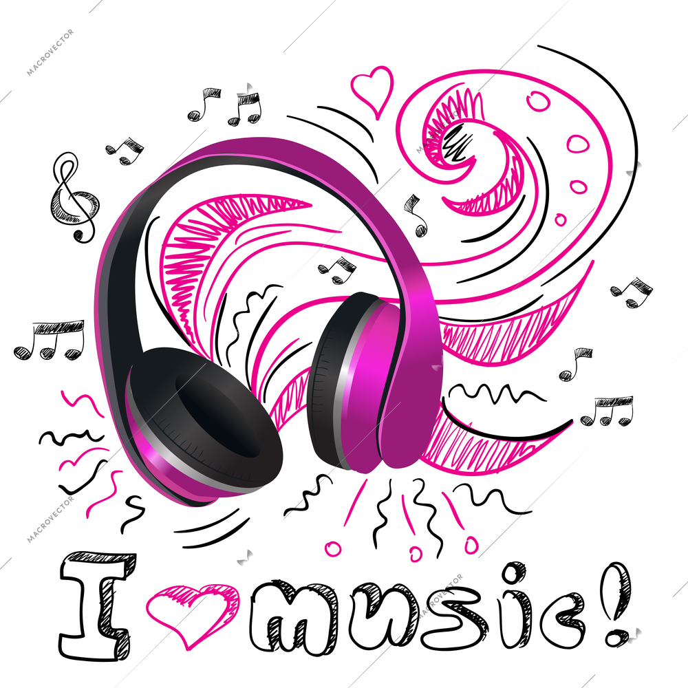 Purple wireless headphones with doodle notes and swirls background poster vector illustration