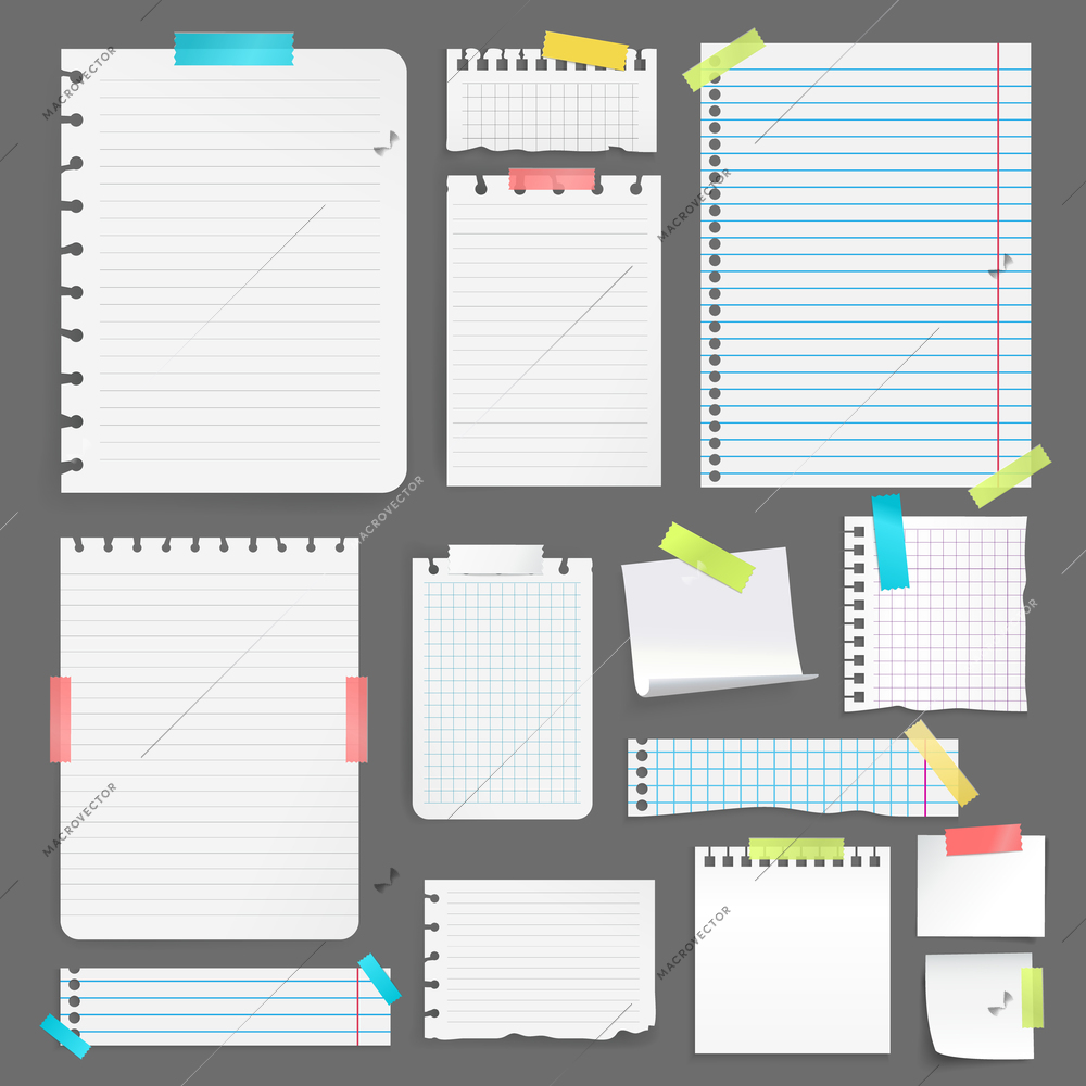 Realistic blank paper sheets on different size and shape stuck with colorful tape on grey background isolated vector illustration