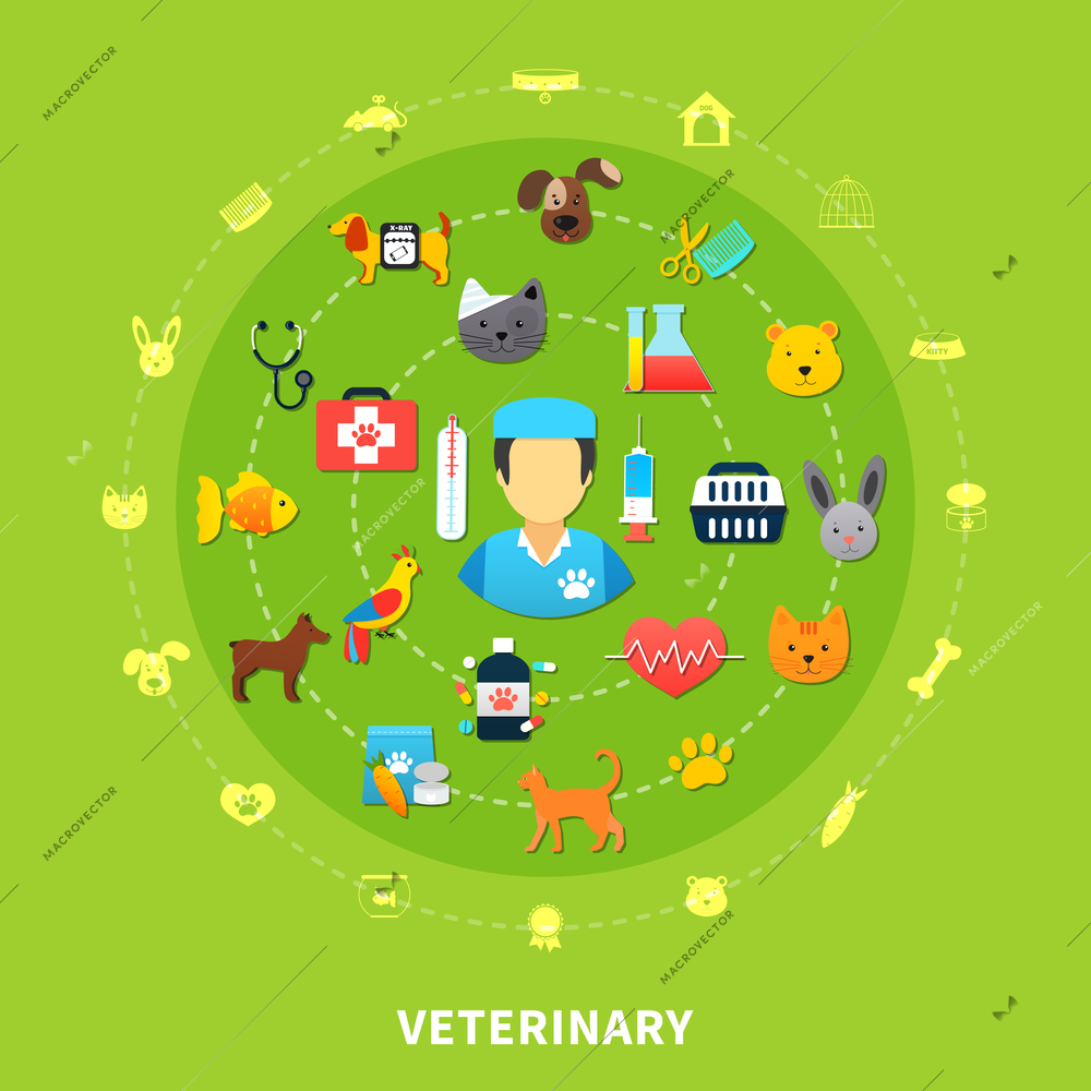 Colorful pet care concept with various veterinary icons on bright green background flat vector illustration
