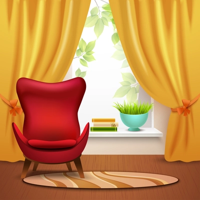 Room interior with armchair window books and curtains cartoon vector illustration