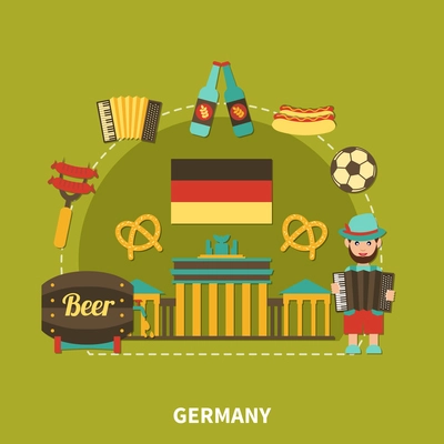 Travel composition with flat images of branderburg gate barrel of beer with traditional german food and drinks vector illustration