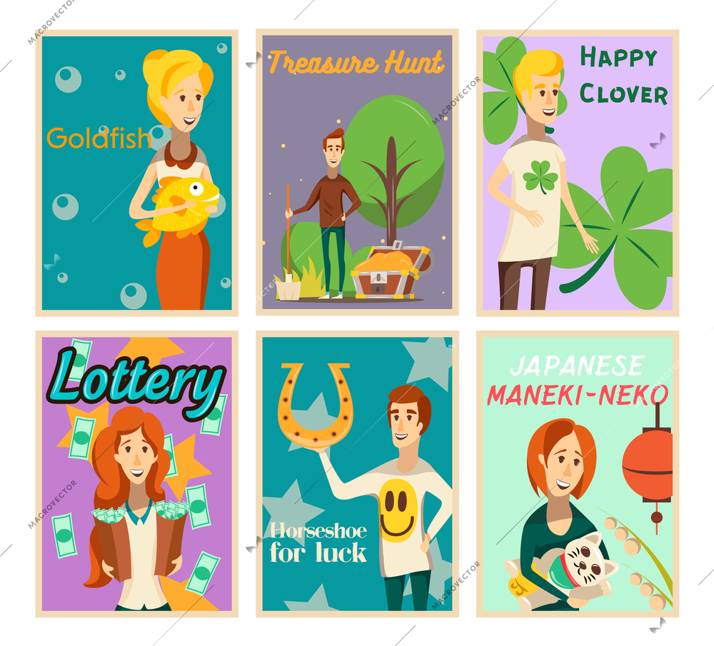 Lucky situations posters collection of flat image compositions with happy human characters and text vector illustration