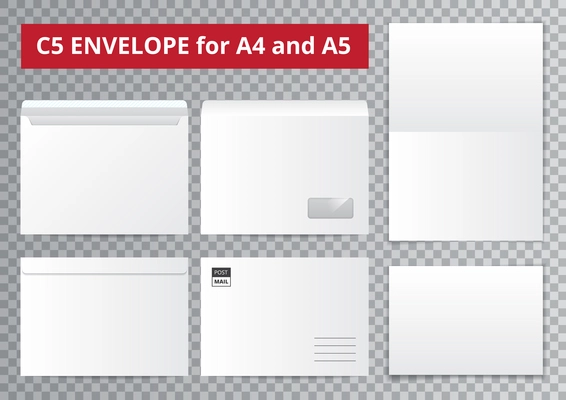 Office documents template set with isolated blank paper sheet and mail envelope images on transparent background vector illustration