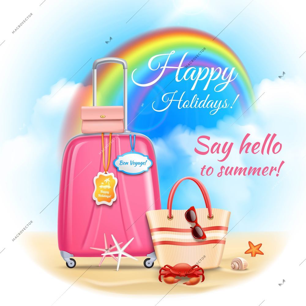 Summer holidays design with suitcase and touristic accessories rainbow marine life on blue sky background vector illustration