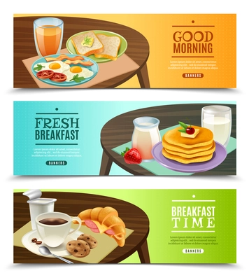 Set of horizontal banners with fresh breakfast on dark wooden table on bright background isolated vector illustration