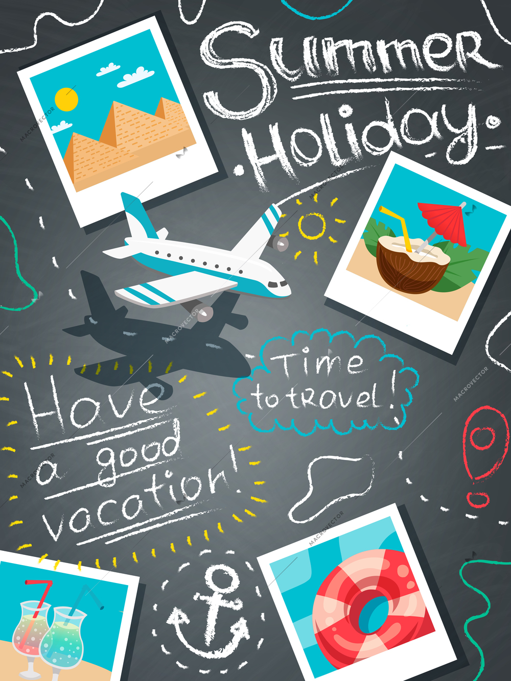 Summer holiday design concept with airplane hand drawn quotes and tourist photos on black chalkboard vector illustration