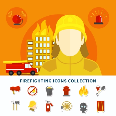 Burning building fireman and firefighting icons collection on white background flat isolated vector illustration