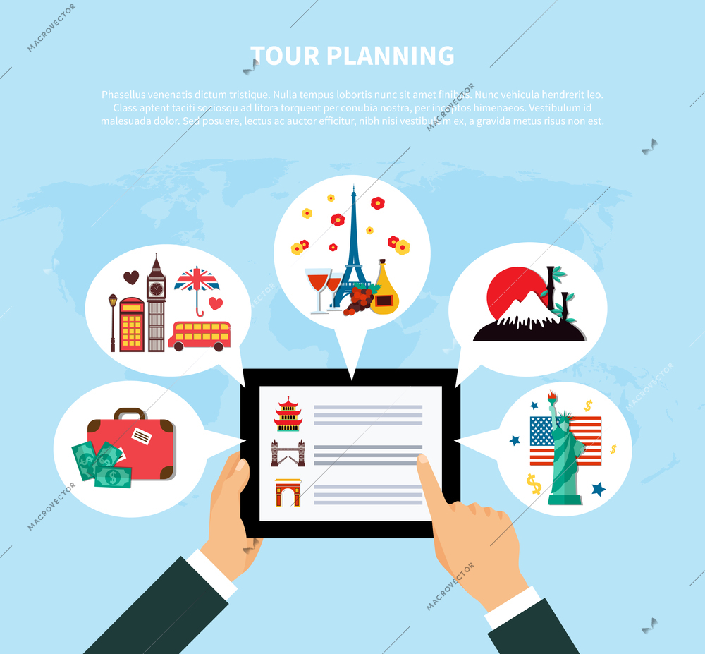 Tour planning design concept with human hands holding tablet with information for travel on screen flat vector illustration