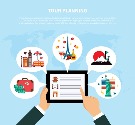 Tour planning design concept with human hands holding tablet with information for travel on screen flat vector illustration