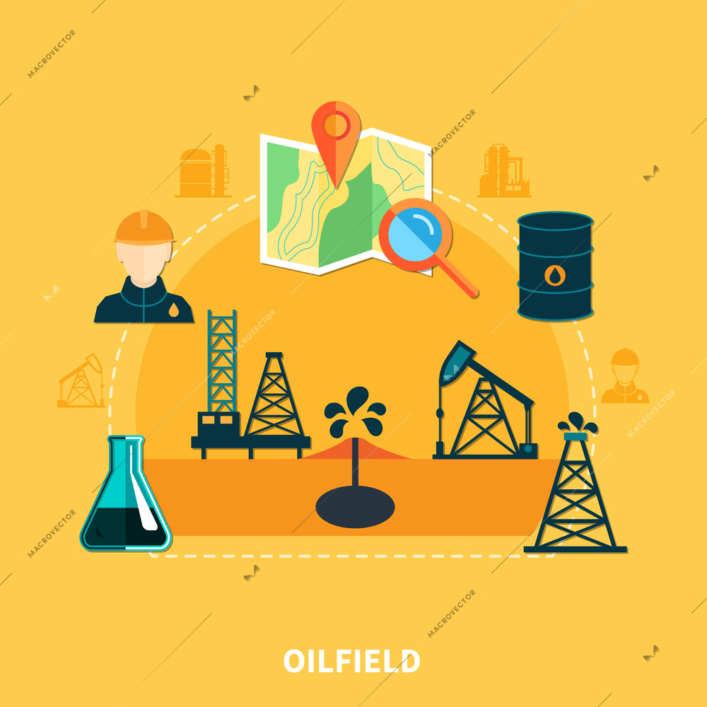 Oil industry composition with set of flat isolated oil well derrick pumping unit and map images vector illustration