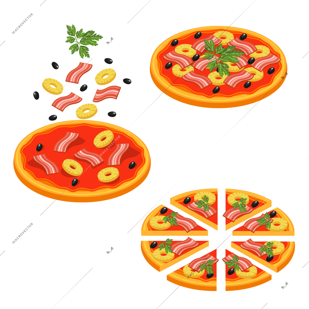 Colored pizza sliced isometric icon set with stages of pizza making step by step vector illustration