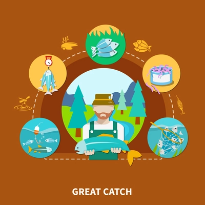 Fishing composition with squid silhouettes peterman character and round fish-tackle images connected by dashed lines vector illustration