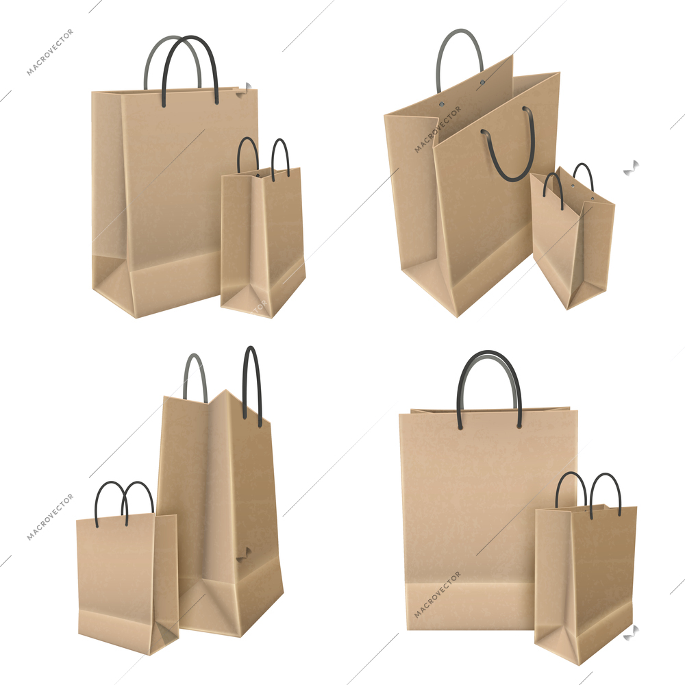Set of shopping bags from craft paper with handles on white background 3d design isolated vector illustration