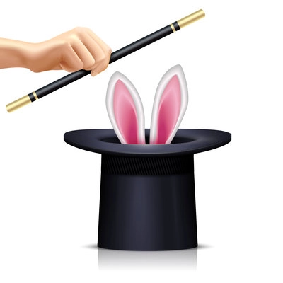 Black hat with rabbit for illusionist tricks and hand holding magic wand on white background realistic isolated vector illustration