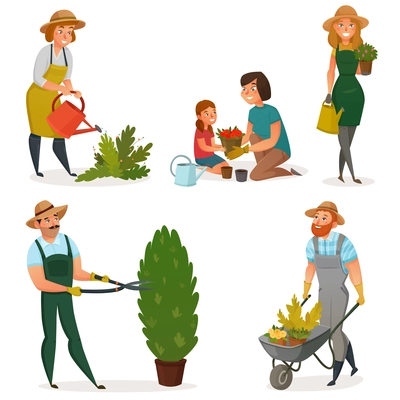 Colored gardening hobby icon set men women and children work in the garden vector illustration