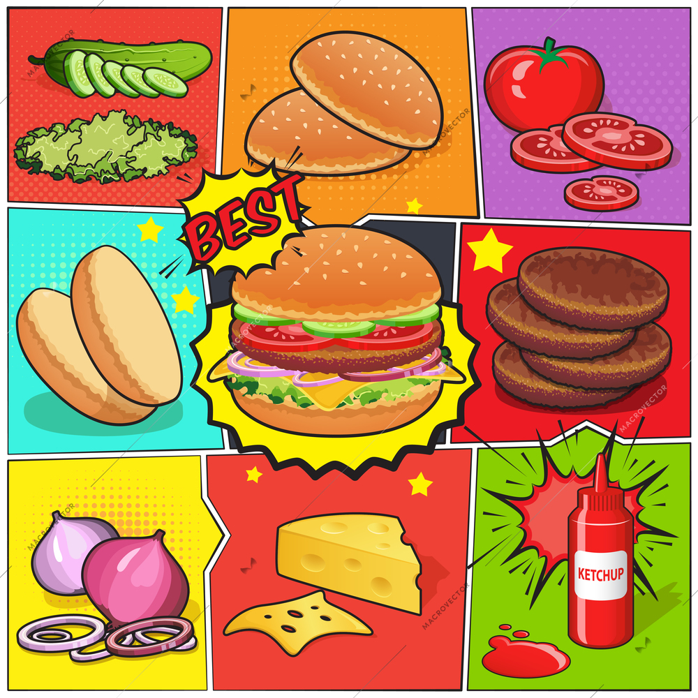 Comic book page with burger and ingredients including cutlets vegetables ketchup on divided colorful background vector illustration