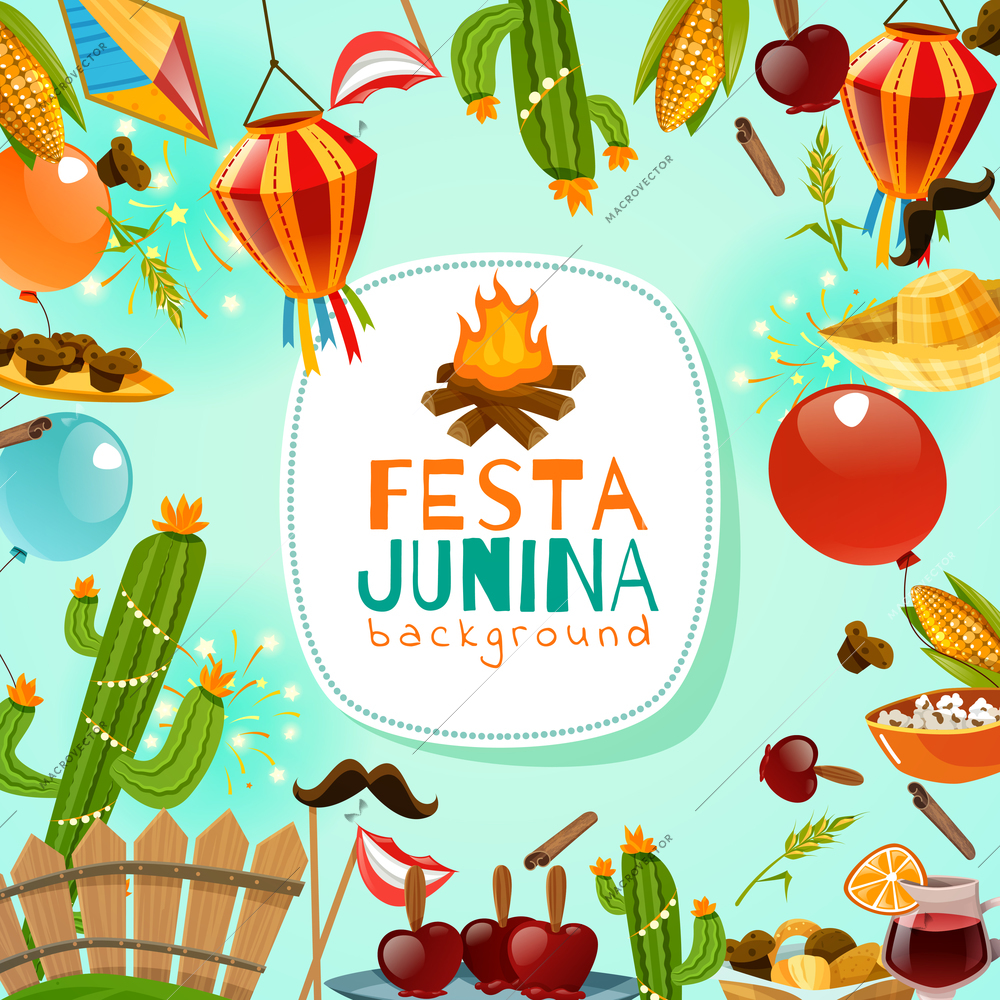 Festa junina cartoon background with decorative frame consisting of traditional celebration symbols flat vector illustration