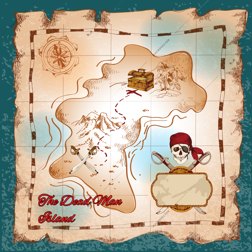 Torn paper vintage pirate treasure map on dead man island vector illustration