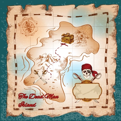 Torn paper vintage pirate treasure map on dead man island vector illustration