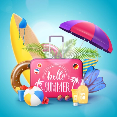 Summer tropical island beach resort vacation advertisement background poster with surfboard luggage suncream and bikini vector illustration