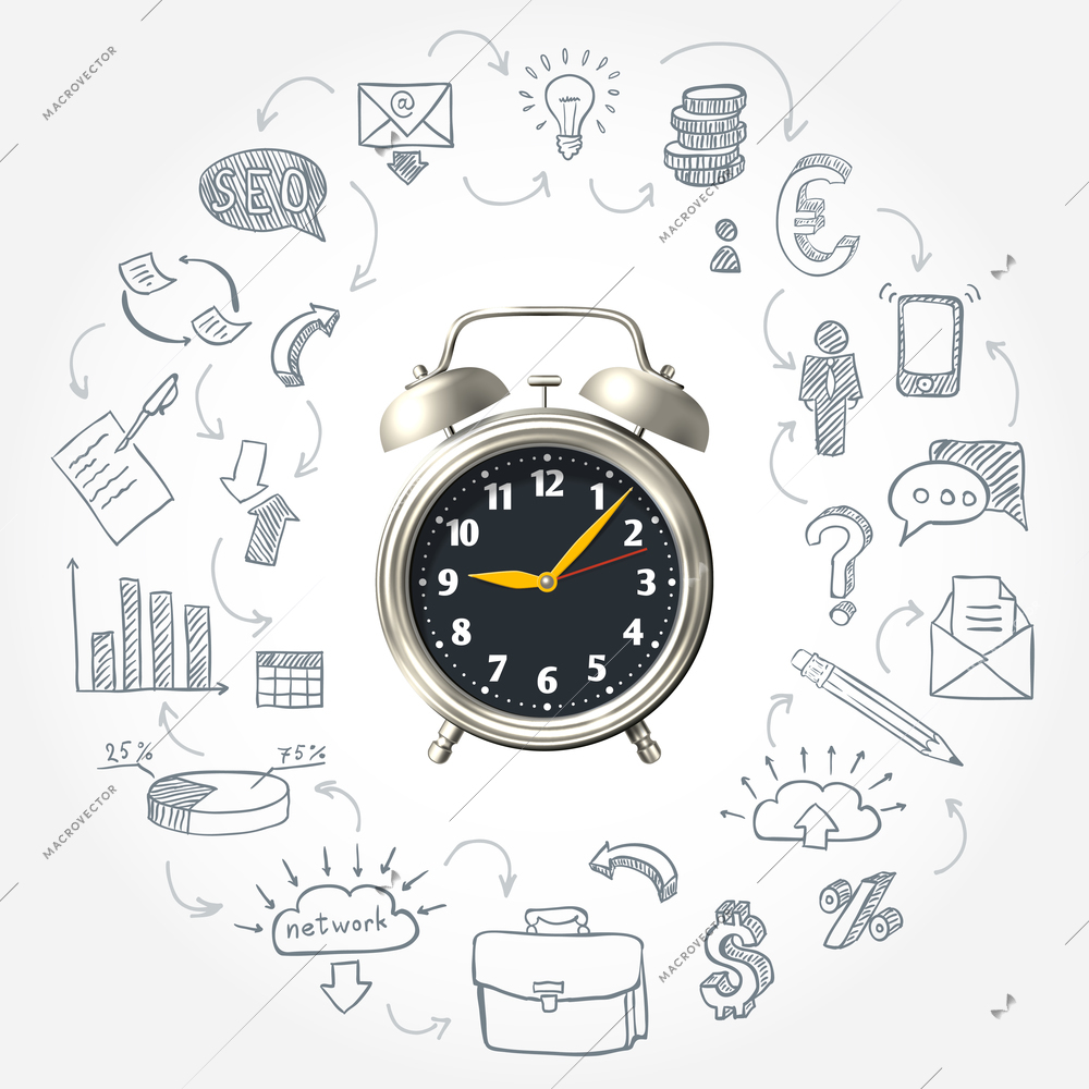Business morning round design with hand drawn icons of work system around 3d mechanical clock vector illustration