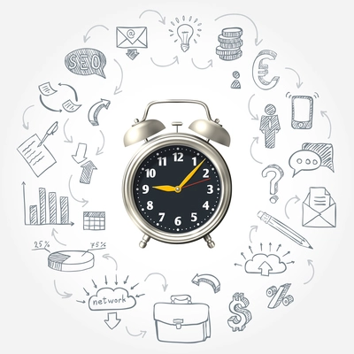 Business morning round design with hand drawn icons of work system around 3d mechanical clock vector illustration