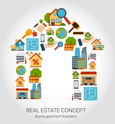 Real estate concept with house and purchase symbols flat vector illustration