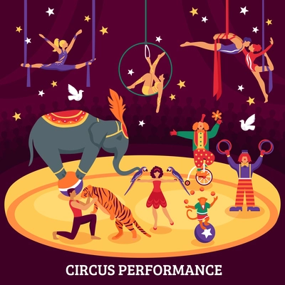 Circus performance flat composition with acrobats elephant tiger trainers and clowns at arena vector illustration