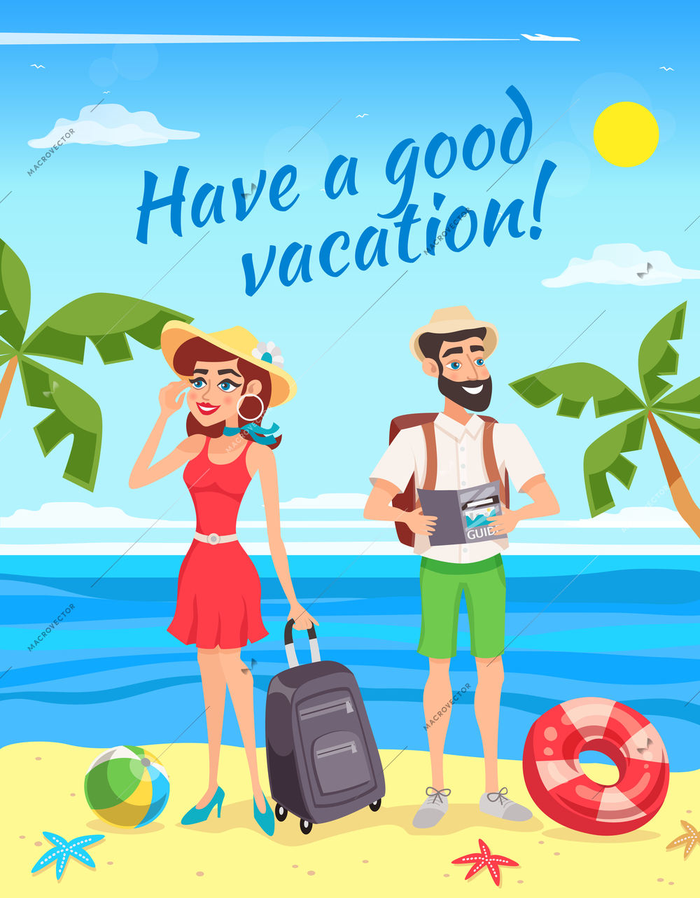 Tourists during summer holiday design with man and woman with luggage on sea landscape background vector illustration