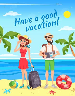 Tourists during summer holiday design with man and woman with luggage on sea landscape background vector illustration