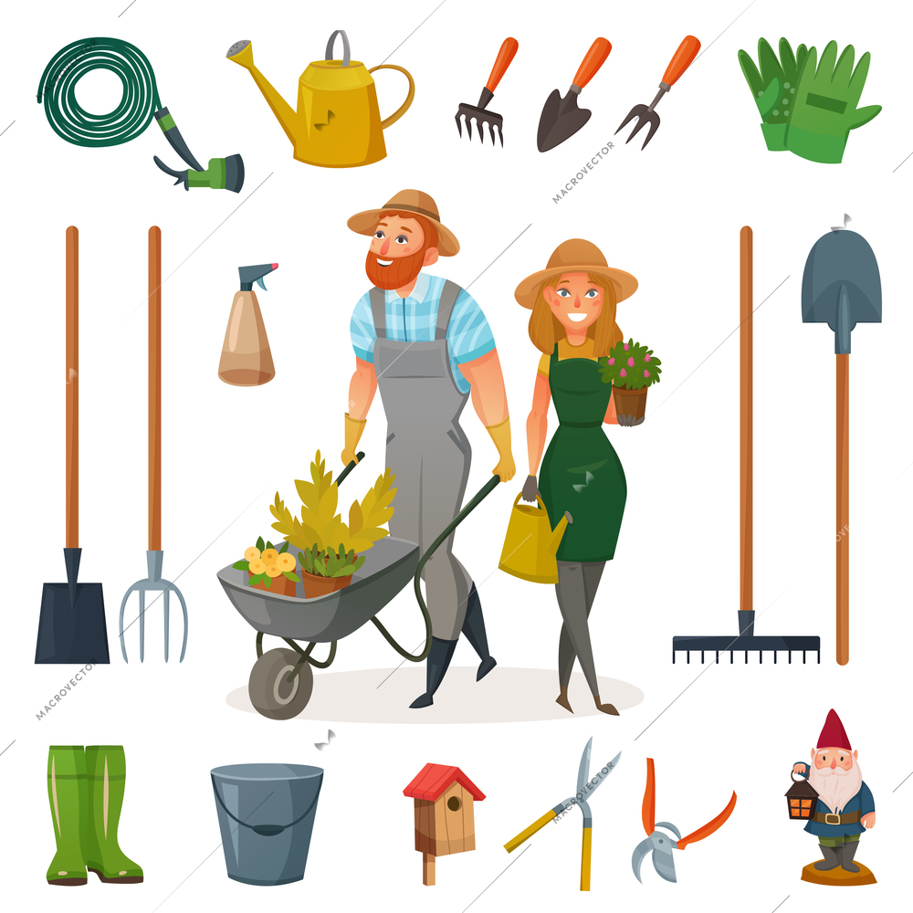 Gardening cartoon icon set with attributes and elements for work in garden vector illustration