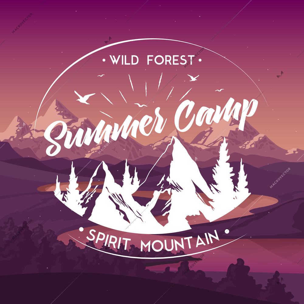 Summer camp travel agency wild forest mountain trips offer advertisement poster with white emblem flat vector illustration