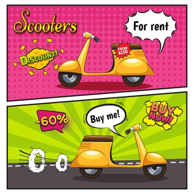Banners in comic style with scooters for sale and rent with discount on bubbles isolated vector illustration